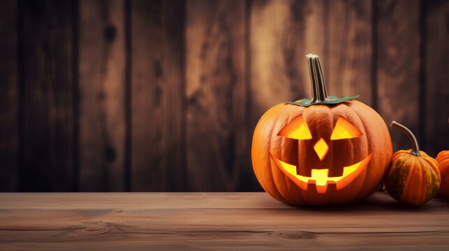 Jack o lantern Halloween symbol background Pumpkins on wooden board