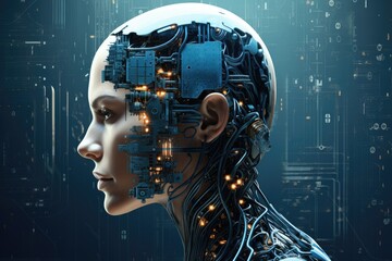 Artificial intelligence in robot humanoid head with neural network thinks in digital brain background.