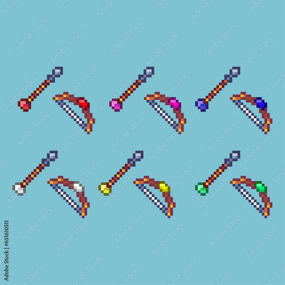 Poster pixel art sets of bow and arrow with variation color item asset simple bits of bow arrow archery sho