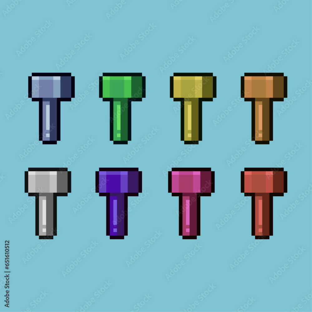 Poster pixel art sets of hammer icon with variation color item asset simple bits of hammer on pixelated sty