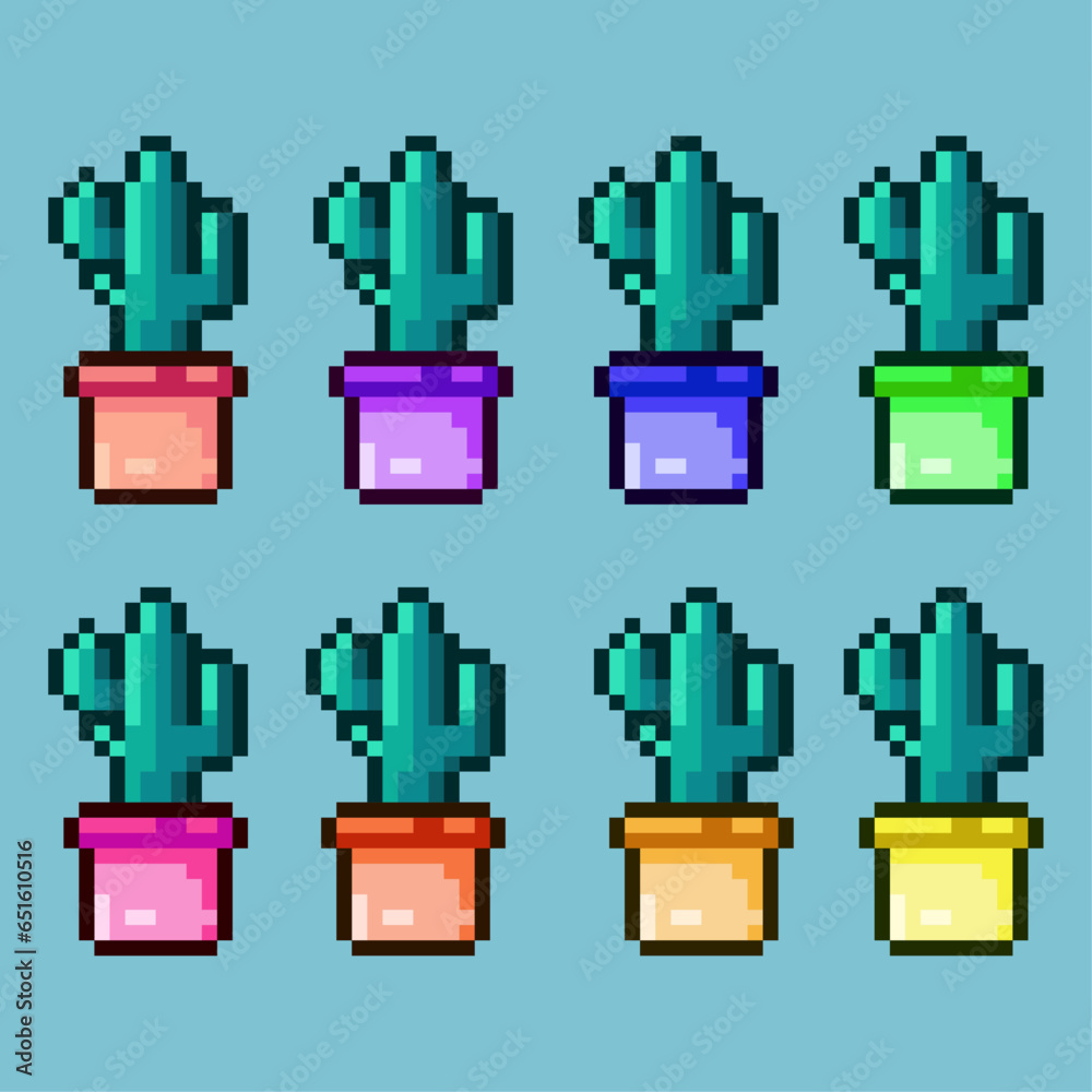 Poster pixel art sets of cactus plant decoration with variation color item asset simple bits of cactus on p