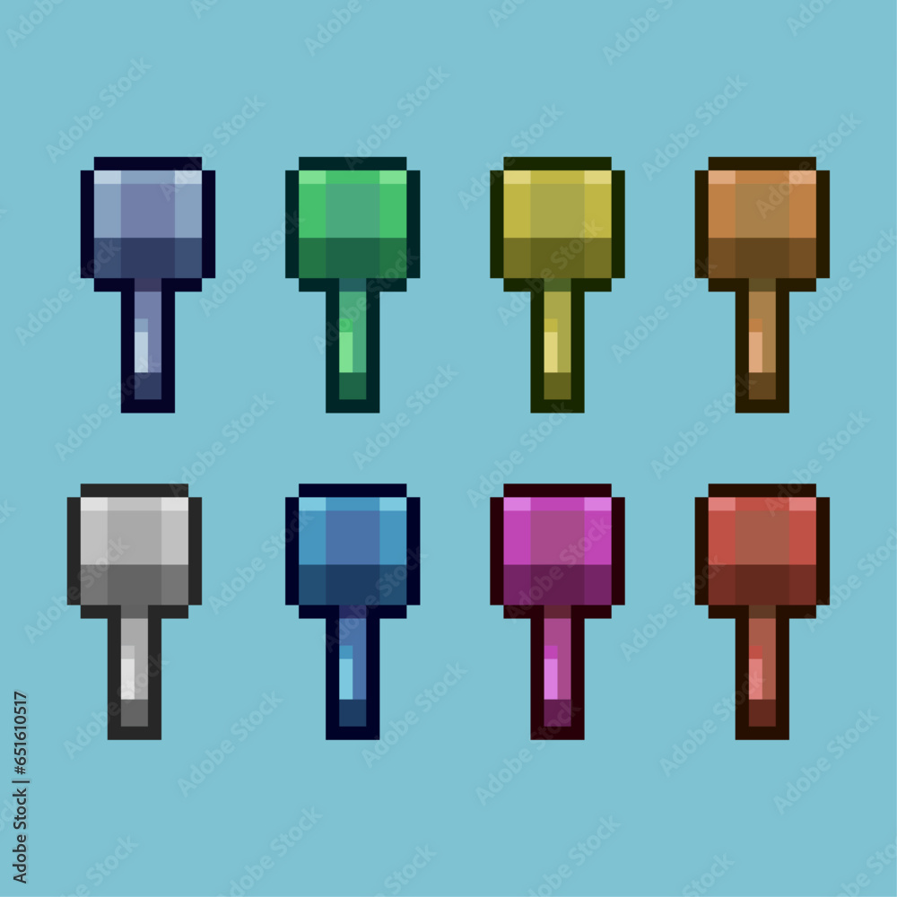 Poster pixel art sets of hammer icon with variation color item asset simple bits of hammer on pixelated sty