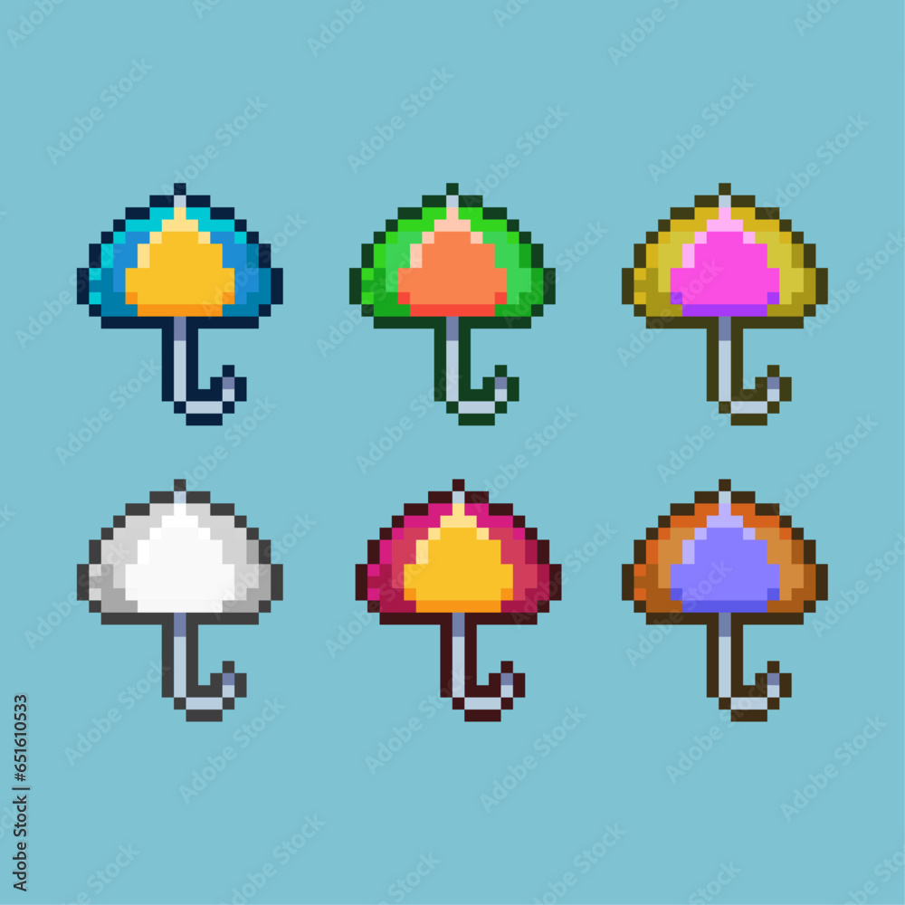 Poster pixel art sets of umbrella item with variation color item asset simple bits of umbrella on pixelated