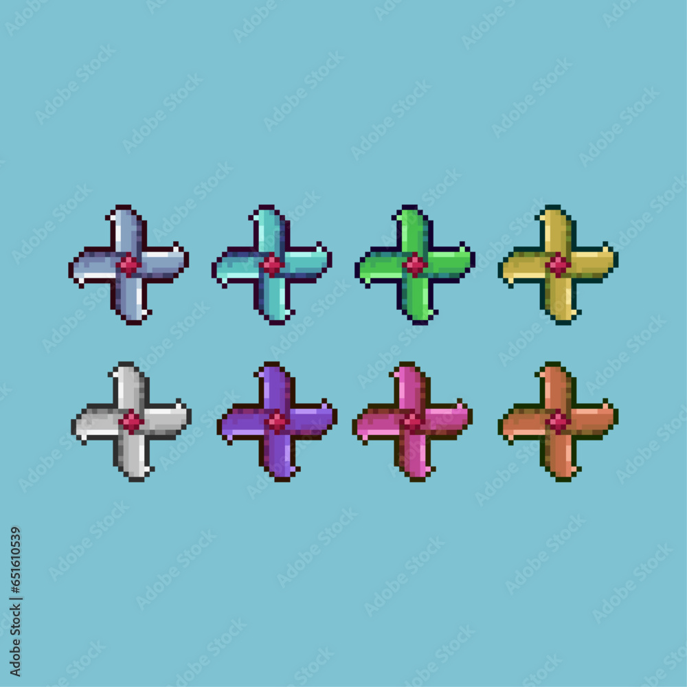 Poster pixel art sets of shuriken weapons ninja with variation color item asset simple bits of shuriken on 
