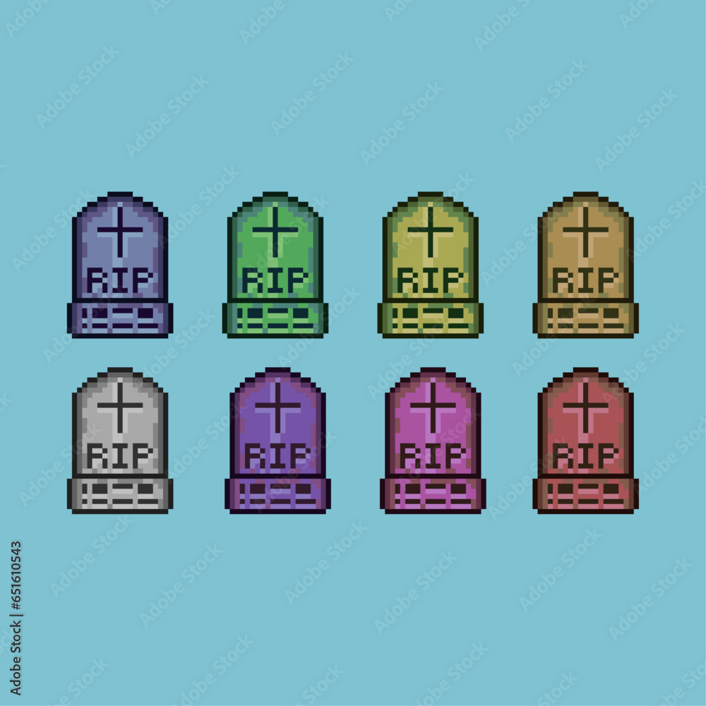 Poster pixel art sets of rip grave halloween with variation color item asset simple bits of grave on pixela