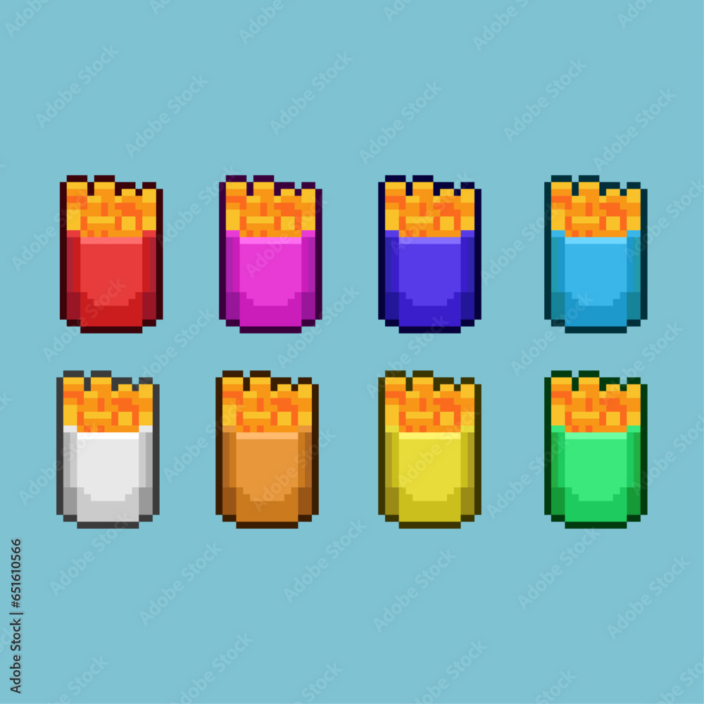 Poster pixel art sets of fried potato food with variation color item asset simple bits of french fries on p