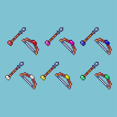 Pixel art sets of bow and arrow with variation color item asset simple bits of bow arrow archery shot on pixelated style 8bits perfect for game asset or design asset element for your game design asset
