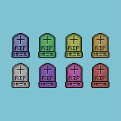 Pixel art sets of RIP grave halloween with variation color item asset simple bits of grave on pixelated style 8bits perfect for game asset or design asset element for your game design asset