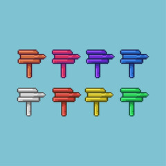 Pixel art sets of directional sign items loot with variation color item asset simple bits of wood on pixelated style 8bits perfect for game asset or design asset element for your game design asset
