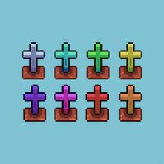 Pixel art sets of RIP grave halloween with variation color item asset simple bits of grave on pixelated style 8bits perfect for game asset or design asset element for your game design asset