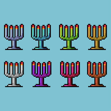 Pixel art sets of candle home decoration with variation color item asset simple bits of skyer on pixelated style 8bits perfect for game asset or design asset element for your game design asset