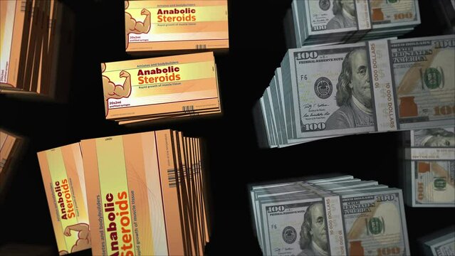 Anabolic steroids tablets box and US Dollar money bundle stacks. Bodybuilding doping and athletic muscle pills pack production. Abstract concept 3d loopable seamless.