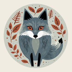 Full body illustration of a cartoon gray fox in the autumn forest. Funny wild animal in the woods looking at you