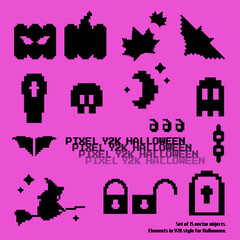 Obraz premium Set of vector pixel elements on pink background in Y2K style. Halloween illustration for web use.