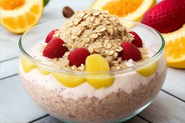 Oatmeal with fuits in a bowl for breakfast in the table, Diet oat with nuts healthy fit for loss weight