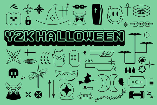 Big set of vector elements on green background in Y2K style. Halloween illustration for web use.