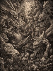 epic battle demons angles dark fantasy illustration art scary poster oil painting darkness tattoo