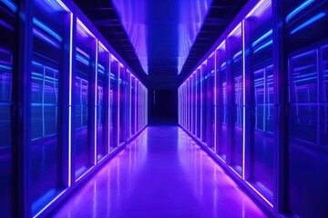Cyberpunk pink and blue corridor in a server room background.