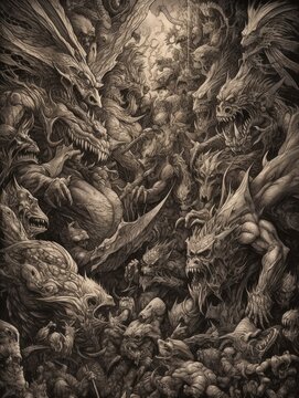 epic battle demons angles dark fantasy illustration art scary poster oil painting darkness tattoo
