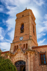 Vertical detail of the bell tower of the Santuario de La Santa in Totana, Region of Murcia, Spain in daylight