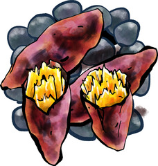 焼き芋・baked sweet potatoの手書きイラスト筆書き水彩墨絵風）