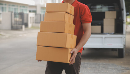 Asian Woman Receiving Product from delivery man at Home, Young Owner Woman Order Product from...