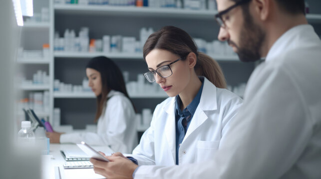 Pharmacists diligently preparing prescriptions,  ensuring accuracy
