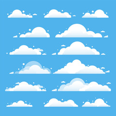 Big set of cartoon clouds isolated on blue background. White clouds for your design