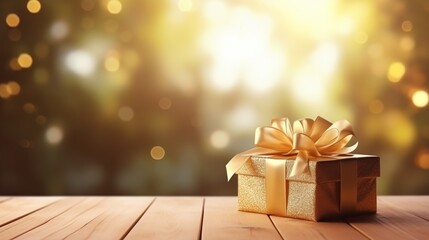 Gift box on wooden table as natural background with copyspace