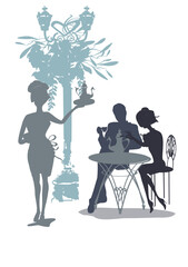Series of the street cafes with silhouettes of fashion people, men and women, in the old city, vector illustration. Waiters serve the tables. - 651616171