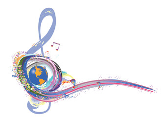 Abstract musical design with a treble clef and a planet, notes and waves.  Colorful treble clef. Hand drawn vector illustration.