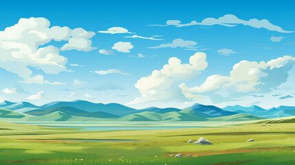 Obraz premium An illustration of the verdant steppe grasslands of Mongolia. The atmosphere of the terrain is wide and fertile.