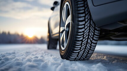 Winter tire. Close-up image of a car tires on the road in winter. Detail of car tires in winter on...