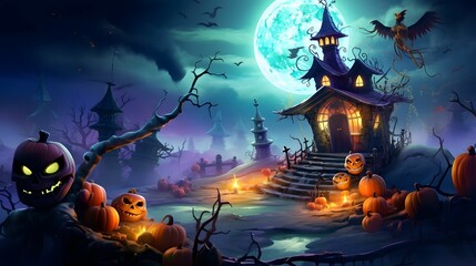 Halloween background with pumpkins, witch's house and full moon. Halloween background with pumpkins and haunted house, 3d render illustration.