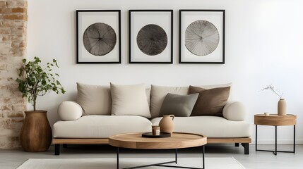 Beige sofa and wooden round coffee table against white wall with two frames. Industrial style home interior design of modern living room