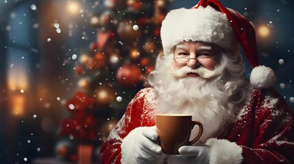 Santa Claus with cup of coffee over living room background - christmas, holidays concept. 