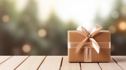 Gift box on wooden table as natural background with copyspace