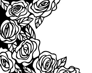 Roses and leaves border, ink line drawing vector 