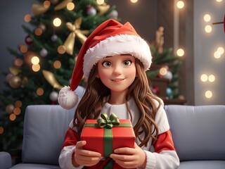 Free 3D Animation Expressive Girl Holding a Christmas Gift Generative AI
