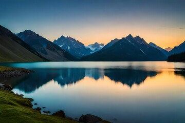 A serene mountain landscape at sunrise, a tranquil lake reflecting the towering peaks