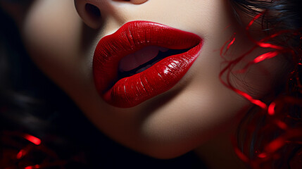 Close up portrait of. a red glossy wet lips, shinny red colored with open mouth
