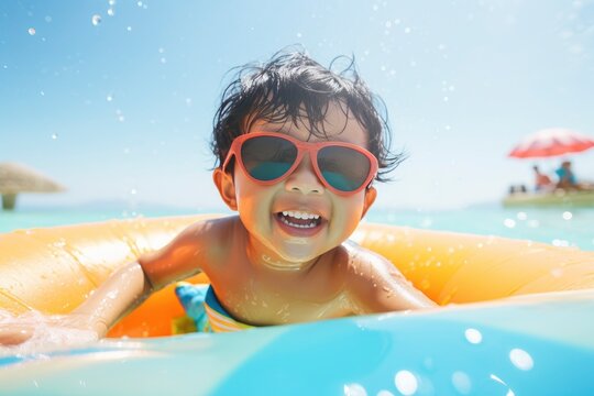 A young boy enjoying a sunny day at the beach, swimming with style in his cool sunglasses created with Generative AI technology