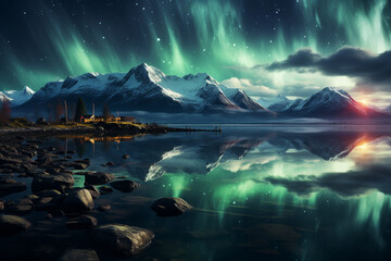 beautiful landcape of snowy mountains and nothern lights
