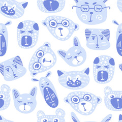Obraz premium Seamless childish pattern with funny animals faces . Creative kids texture for fabric, wrapping, textile, wallpaper, apparel. Vector illustration