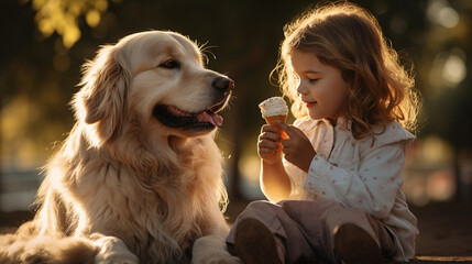 A child girl sitting, eating ice cream with her dog in public part at evening, showcasing their friendship