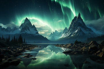Fototapeta na wymiar beautiful landcape of snowy mountains and nothern lights