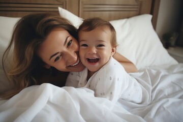 A woman tenderly holding her sleeping baby in bed created with Generative AI technology