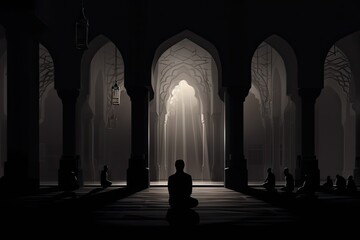 Muslim people praying in the mosque at sunset background.