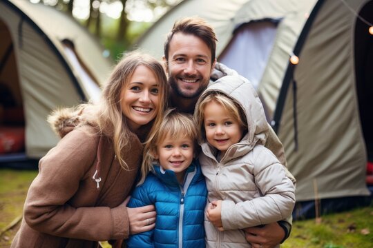 A family standing in front of a tent in the great outdoors created with Generative AI technology