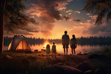A family enjoying a beautiful sunset by the lake created with Generative AI technology